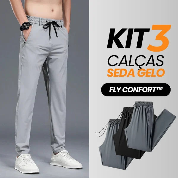 Kit com 3 Fly Confort™ - Calça Masculina em Seda Gelo e Poliéster